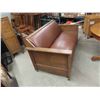 Image 2 : Vintage Antique Oak Settle.  It pulls out to a bed- refinished and new leather like upholstery