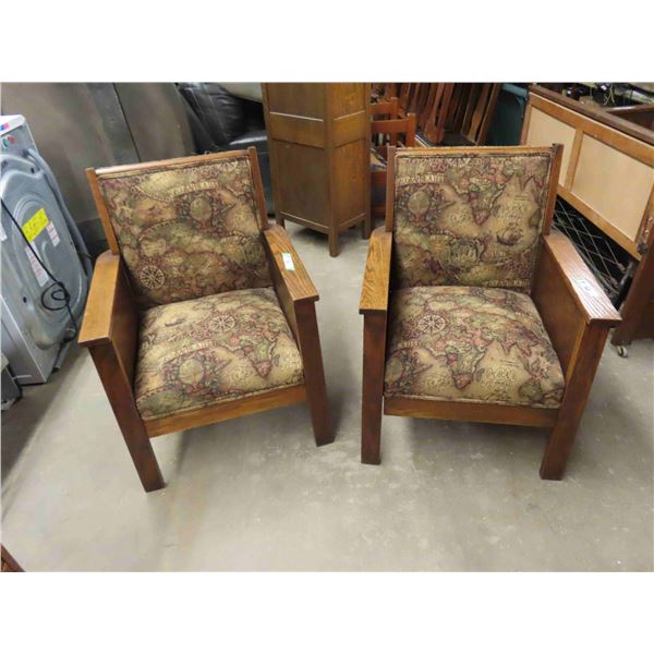 2 Matching Oak Chairs to the settle except in beautiful fabric. They are also in a mission