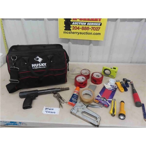 Husky Tool Bag with Assosrted Goodies ; Ramset Concrete Nailer, Stapler, Safety 