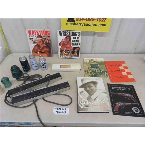 2 Heavy Duty Power Bars, 2 Wrestling Books, Frank Sinatra Book, Insulators, Other 