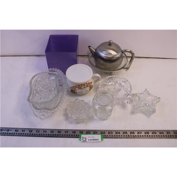 Assorted Crystal Decor/Purple vase/silver tea pot