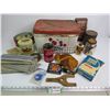 Image 1 : Metal Bread Box - Address Organizer - Vintage Tins - Shirt Cuffs - Jar w/Square Nails - Misc. Items