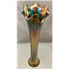 Image 2 : Fenton Green Carnival Glass "Fine Rib" Swung Flame Top Rare LARGE Sized Vase! Circa 1907