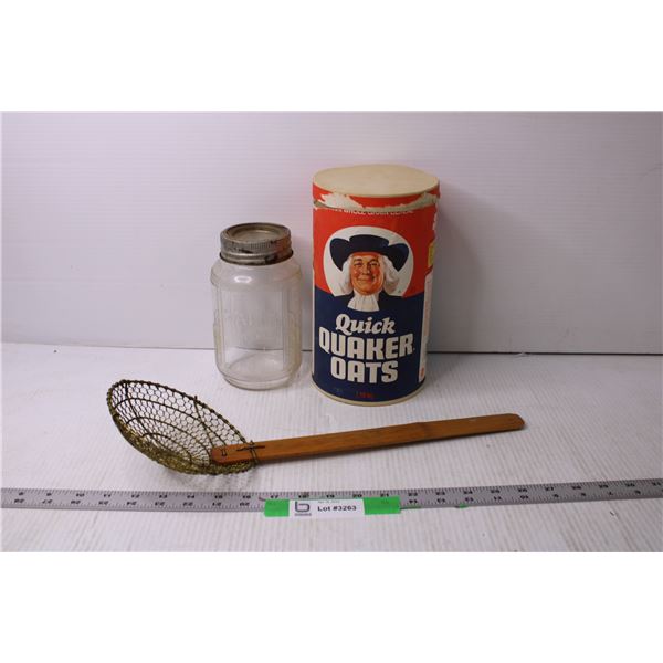 Assorted Items - Nabob Glass Jar, Quaker Oats Cardboard Bin, Misc