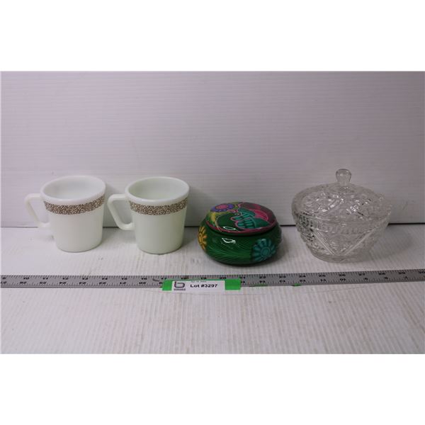 (2) Pyrex Mugs and Trinket and Candy Bowls