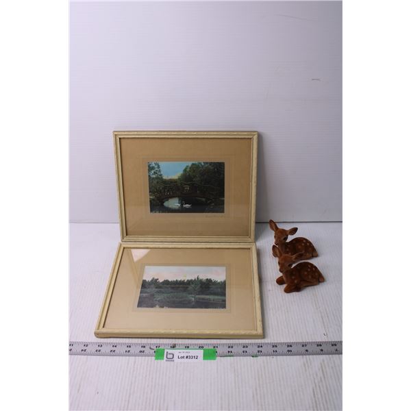 (2) Framed Pieces of Art of Moose Jaw and Two Deer Figurines