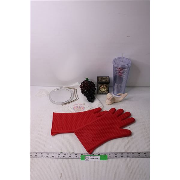 Lot of Assorted Items - Starbucks Tumblr, Oven Mitts, Glass Grapes