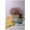 Image 2 : Lot of Assorted Items - Serving Tray, Vintage Fabric, Embroidery Kit