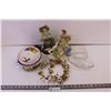 Assorted figurines, Decor, 2 glass serving dishes, flowered metal pot with lid