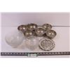 Various glass serving bowls, decorative plate, 2xmetal serving dishes
