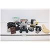 Various Photography items, wallets, headphones, sony walkkman, key wall hanger, compass, biinoculars
