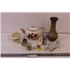 Gibsons Stafford Shire teapot, pottery vase, bell, shotglass, J&G Meakin cream, small serving dishes