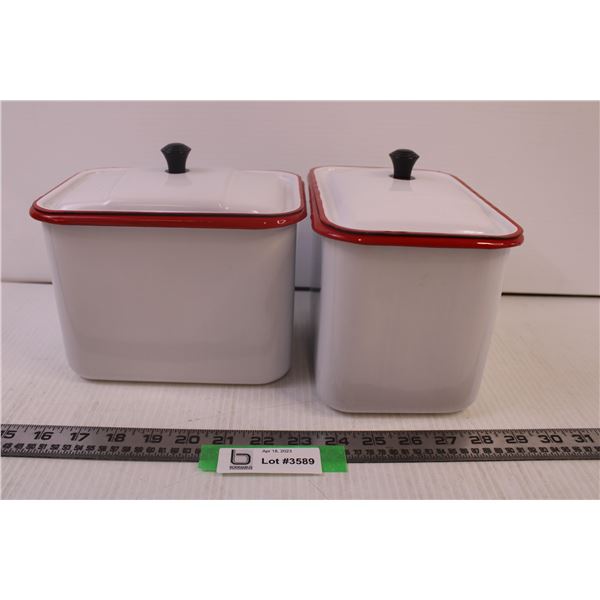 Set of 2 red and white metal canisters