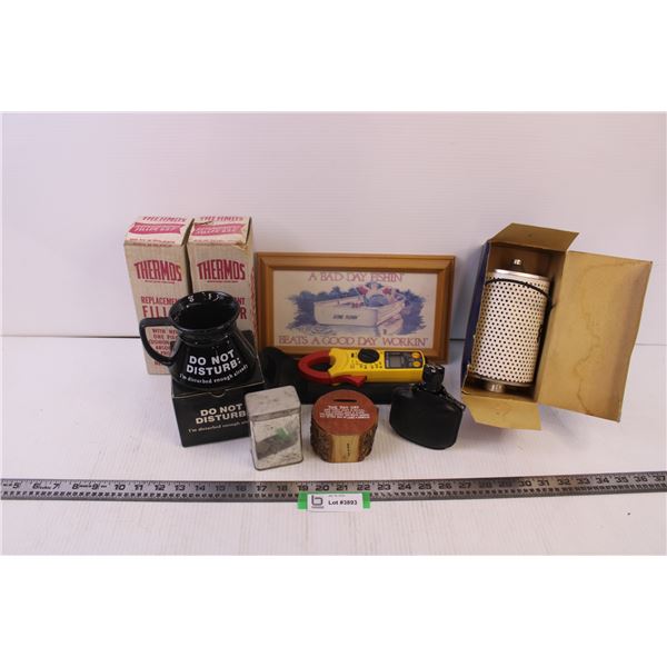 Assorted Items-2 thermos filler replacements, coffee mug, swear jar, fishing picture, volt meter, co