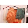 Image 1 : Assorted colored scarves, large orange shirt, blue floral wrap around skirt