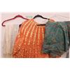 Image 2 : Assorted colored scarves, large orange shirt, blue floral wrap around skirt