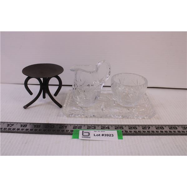 Pinwheel Crystal cream and sugar set, metal candle holder