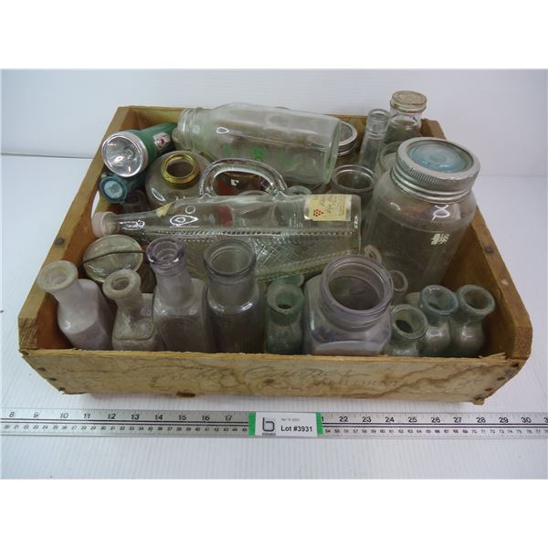 Large Wooden Box full of Vintage Bottles and Jars Medicine Bottles