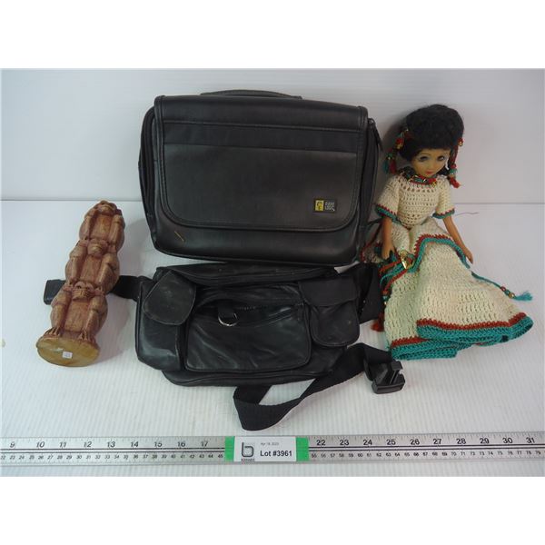 (2) Fanny Packs, Wooden Carving, Doll in Knitted Dress