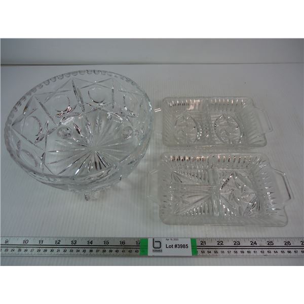 (3) Pieces of Glassware-Serving Bowl and (2) Condiment Trays