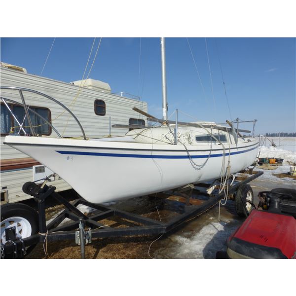 21 ft clipper Sailboat, Mark 21- Missing the rudder, sail is like new c/w homebuilt trailer. SN. 2AT