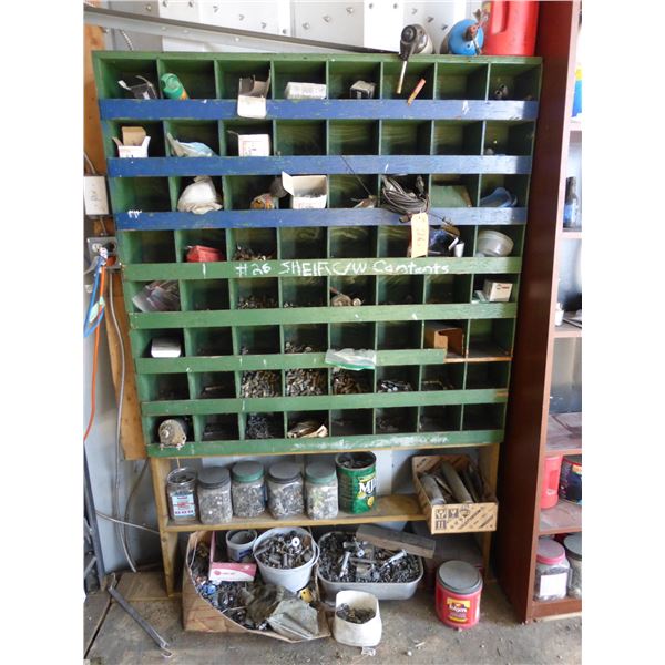 Wood bolt bin c/w contents, qty of nuts, screws, bolts and misc.