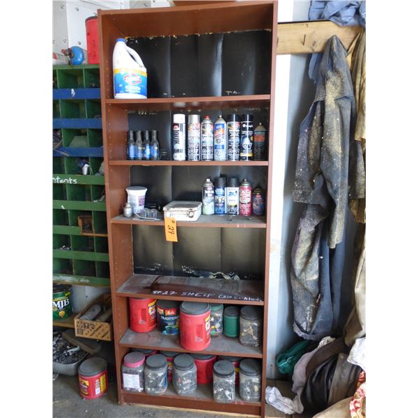 Shelf c/w aerosol cans, plastic clips, gasoline anti-freeze and misc.