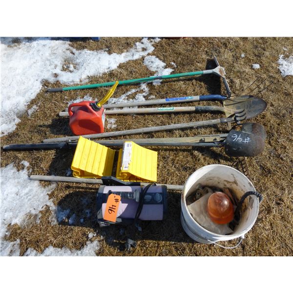 Shovel, rake, pitch fork, lights, post hole digger and heater