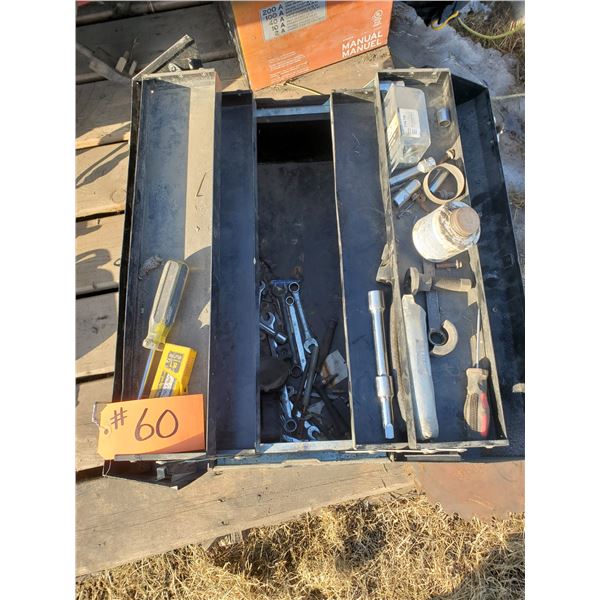 Black metal tool box c/w misc. tools