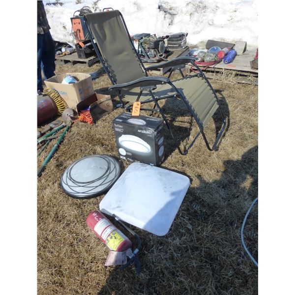 Folding chair, fire ext. and light fixtures