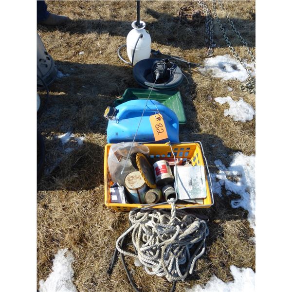 Sprayer, gold pans, jerry can, grease and misc. parts