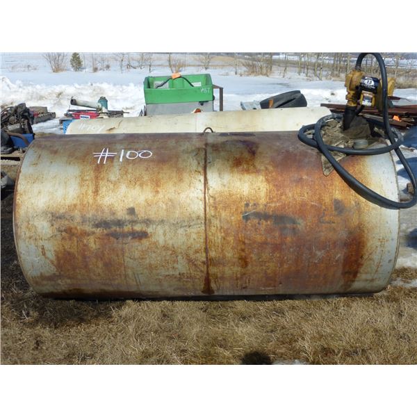 Approx. 300-gal metal tank, last used for waste oil c/w 12 Volt pump