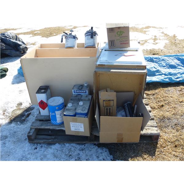 Pallet of painting supplies and 2- wooden shelves