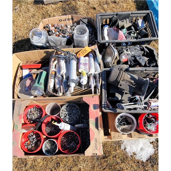 Pallet of auto body items, glues, misc. parts, light bulbs, screws and misc.