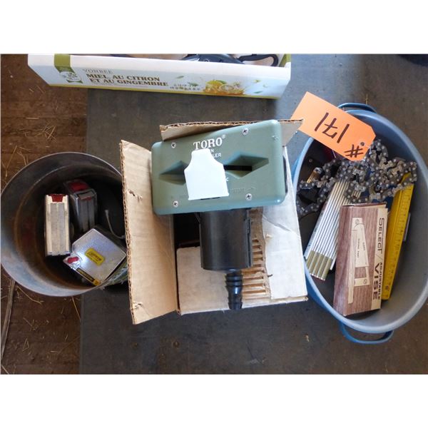 Tape measures, vise, chain saw, toro part