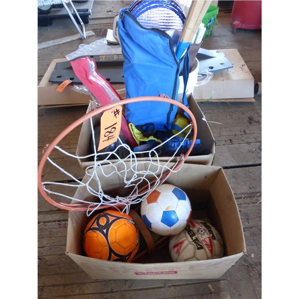 Basket hoop, badminton rackets, balls, kids toys etc.