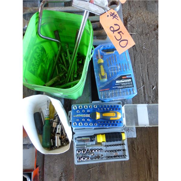 Screw driver sets & green pail of socket ext.