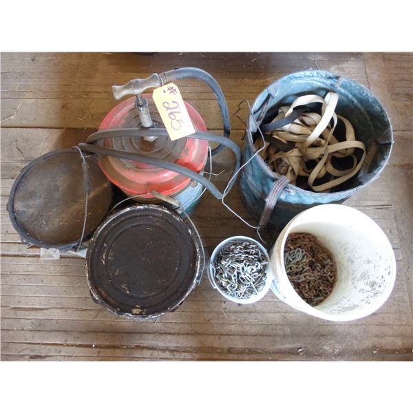 3- Grease pails c/w pump, 2- pails of chains and pail of small strap ends