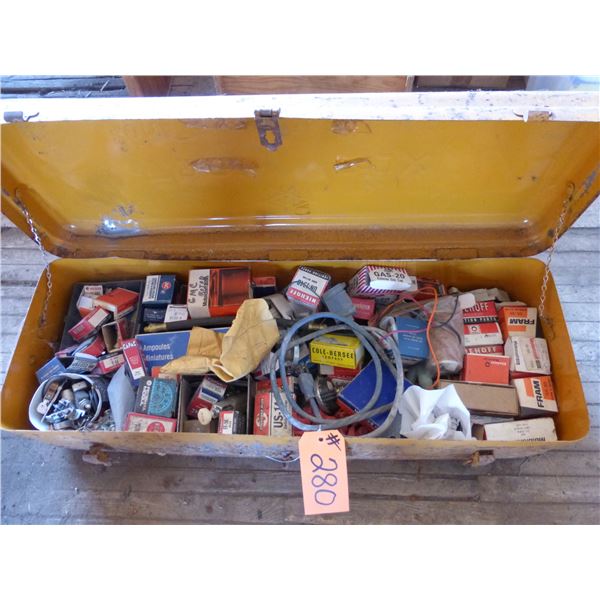 Old steel box c/w various auto parts