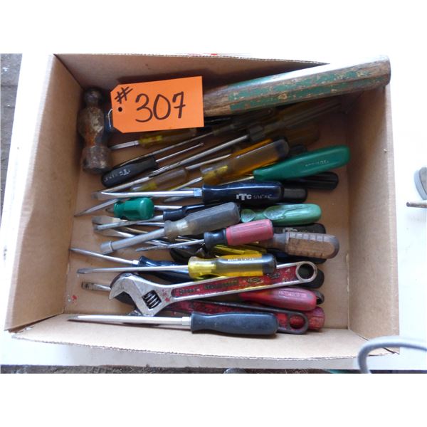 Box of screwdrivers, hammer and wrench