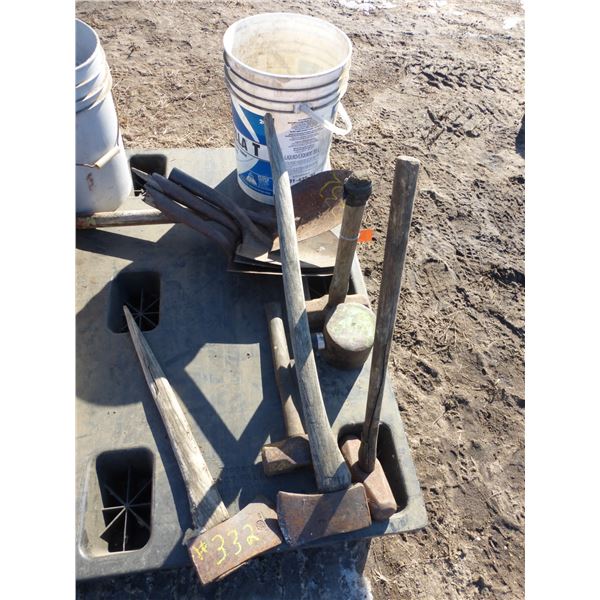 Shovel heads, 2- axes, 3 hammers and pail of hammer heads