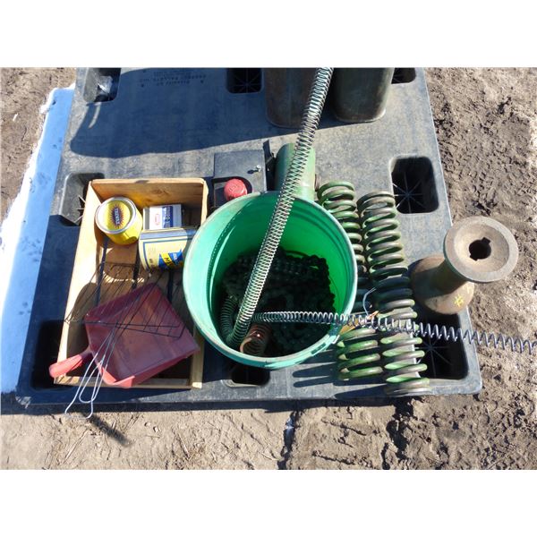 Roller chain, springs, 2- gas tanks and 3- old tins