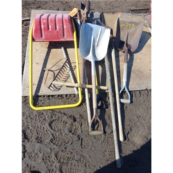 6- Shovels, post hole digger and hoe