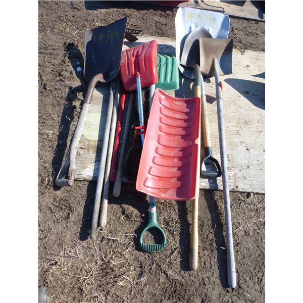 6- Shovels, rake, hoe and broom head