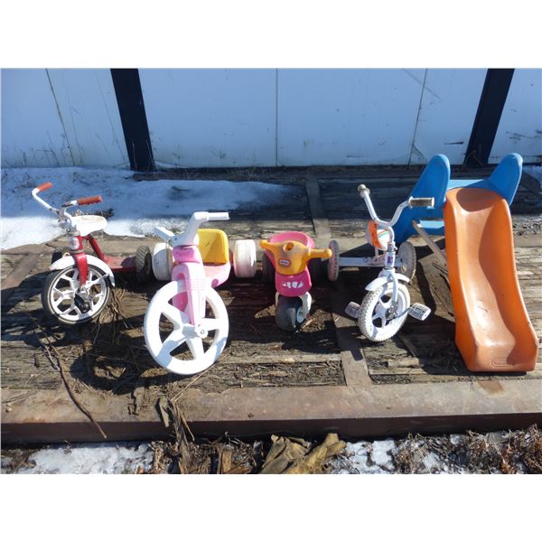 4- kids tricycles and 1- slide