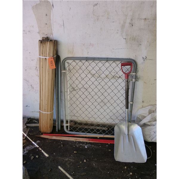 Qty of wood survey sticks, 4' chain-link gate and shovel