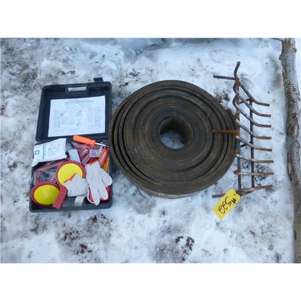 1st Aid kit, metal grating and roll of 6" rubber belting