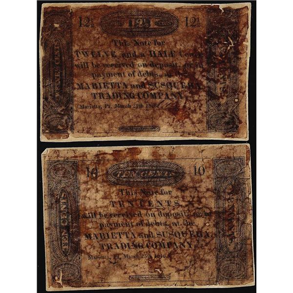 Lot of (2) 1816 Marietta and Susquehanna Marietta, PA Obsolete Scrip Note