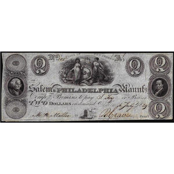 1829 $2 Salem & Philadelphia Manufacturing Compy Salem, NJ Obsolete Note