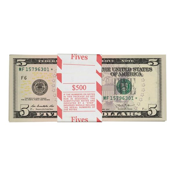 Pack of (100) Consecutive 2013 $5 Federal Reserve Star Notes